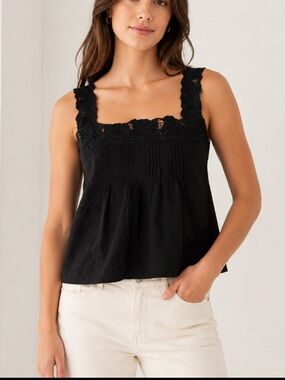 J.Crew Women’s S Black Floral Lace Trim Sleeveless Top Pleated NWOT